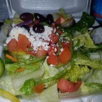 Regular Greek Salad · Choose from Small, Medium or Large (Large Serves 3-4). Salads come with lettuce, cucumber, o...