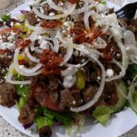Greek Salad Platter · Salad, Tomato, Cucumber, Olives, Banana Pepper, Viniger, Olive Oil, Onion, Feta Cheese, Sumac