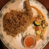 All Day Combo · Comes with spring rolls, tofu pad Thai, Thai curry with chicken or tofu, and steamed rice.