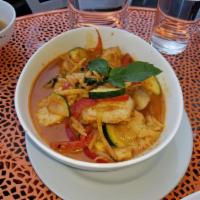 Red Curry · Bamboo strips, red bell pepper, zucchini and Thai basil. Gluten free.