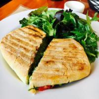 Chicken Panini · Pistou, aioli and roasted peppers. Served with salad.