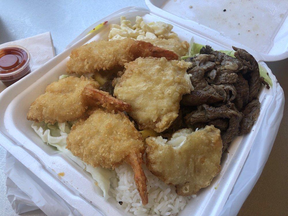 Seafood Combo · Breaded mahi mahi, breaded shrimp, and choice of BBQ beef, BBQ chicken, BBQ short ribs, or chicken katsu. Served with 2 scoops of rice and choice of side.
