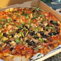 Red Boy's Special Pizza · Cheese, tomato sauce, salami, pepperoni, Italian sausage, mushrooms, green peppers, green on...