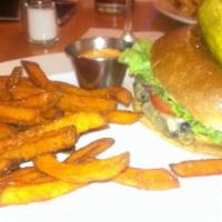 Black Bean Burger · Vegetarian house made black bean patty, pepper Jack cheese, lettuce, tomato, onion and chipo...
