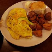 West Coast Omelette · Take in the warmth of seasoned bacon, sliced avocado and shredded cheddar Jack cheese.  Topp...