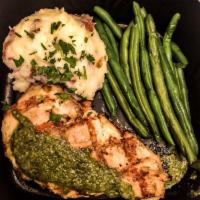 Grilled Chicken with Basil Pesto · Chicken breast drizzled with basil pesto sauce and choice of two sides  (Contains Nuts)