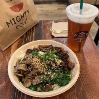 Shanghai · Grilled steak, scallions, sesame seeds, Bokchoy with mushrooms and five spice sauce (sauce c...