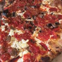 Brooklyn Bridge Pizza · Oven-roasted red peppers, creamy ricotta cheese and hand pinched Italian sausage, a top our ...