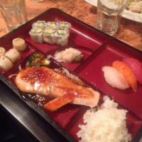 Salmon Teriyaki · Gently boiled marinated in a delicate homemade teriyaki sauce. Served with miso soup or gard...