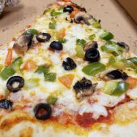 Veggie Pizza · Onions, green peppers, mushrooms, black olives and tomatoes.