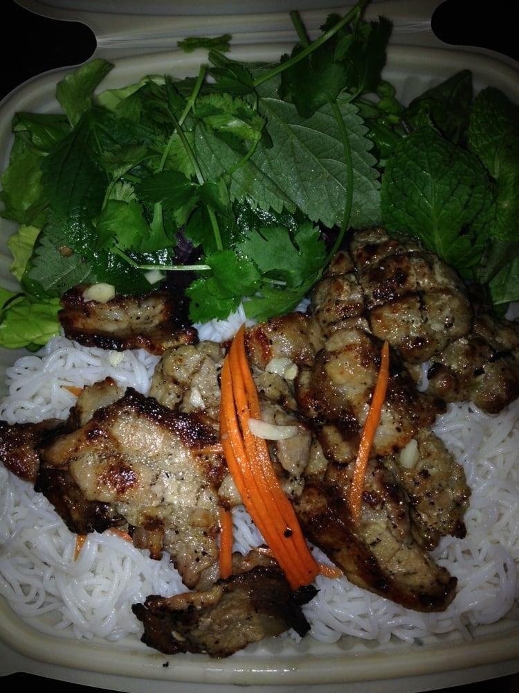 Bun Cha Ha Noi · Marinated broiled pork. Served with vermicelli, salad wrap and special sauce.