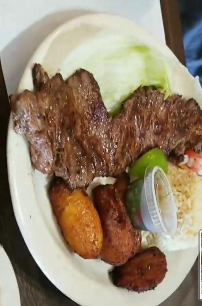 Carne Asada · Grilled flap meat. Servidos con dos acompanantes у una tortilla: arroz, casamiento, maduros, ensalada served with two sides and one tortilla: rice, mix rice, sweet plantains, salad.