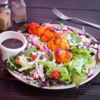 Kabob Salad · Spring mix, feta cheese, cucumber, cherry tomatoes, red onion, black olives, almonds, chicke...