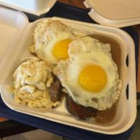 Loco Moco · Regular includes 3 pieces homemade hamburger patties, 2 eggs with gravy, 2 scoops of rice, a...