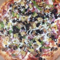 Supreme Pizza · Pepperoni, sausage, salami, ham, green peppers, onions, mushrooms, and black olives.