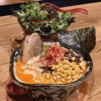 Vegetable Ramen · Vegetable dashi base soup with spinach noodles. Green onions, spring mix, yarn chili, seared...