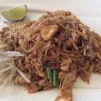 Pad Thai · Stir-fried thin noodles with egg, in tamarind fish sauce side ground peanuts, fresh bean spr...