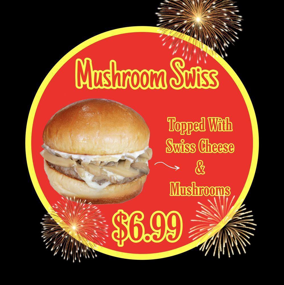Mushroom Swiss Burger · Mayonnaise, Swiss cheese, mushrooms, and grilled onions.