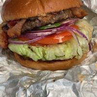 California Burger · Fresh avocado, crisp bacon, Swiss cheese, lettuce, tomato, red onion, pickle and Thousand Is...