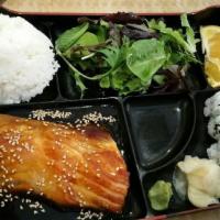 Salmon Teriyaki · Grilled salmon with teriyaki sauce. Served with miso soup, salad and rice.
