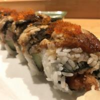 Giants Roll · Soft shell crab, spicy tuna, imitation crab, avocado cucumber topped with eel and tobiko.
