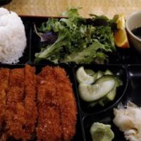 Chicken Katsu · Deep-fried chicken cutlet. Served with miso soup, salad and rice.