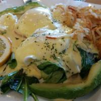 California Benedict · Housemade hollandaise, 2 poached egg, avocado, tomatoes and spinach on a toasted English muf...