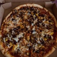 Supreme Pizza · Pepperoni, sausage, onions, banana peppers, green peppers, black olives, and mushrooms.