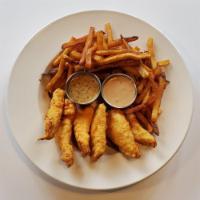 Chicken Fingers · #Trending. Three piece served with fries, tots, or hush puppies, served with house and honey...