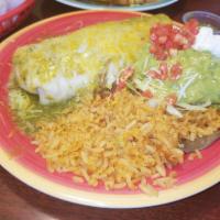 Mexican Flag Burrito · Your choice of meat, a wet burrito, melted cheese, guacamole and sour cream. Includes rice, ...