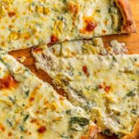 Artichoke Pizza · Artichoke hearts, spinach, cream sauce, mozzarella and Pecorino Romano cheese.