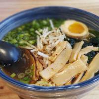 Shoyu Ramen · soy sauce base with seafood broth, chashu, egg, wakame, bean sprouts, bamboo shoot, green on...