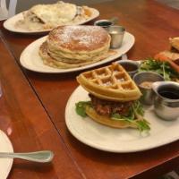 Waffle Sliders · 2 waffle sliders with either scrambled egg, ham, and cheddar cheese or fried chicken topped ...