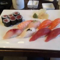 Sushi Platter · 8 pieces of sushi and spicy tuna avocado roll. Served with miso soup or salad.