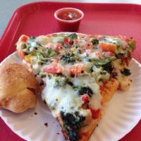 Veggie Pizza · Broccoli, spinach, diced tomatoes, mushrooms, onions, bell peppers, tomato sauce, and mozzar...