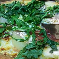 Organic Arugula and Pear Pizza · Prosciutto, Gorgonzola, organic arugula and balsamic basil dressing.