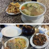 Three Treasure Wonton Soup · Spicy option available. Shrimp, chicken and beef with chicken wontons and vegetables in clea...