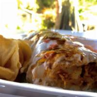 Cali Burrito · Meat choice, french fries, mix cheese, guacamole and sour cream.
