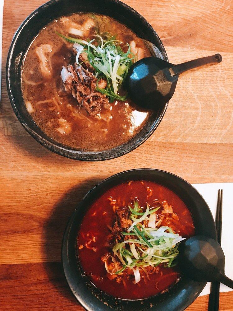 Spicy Beef Ramen · Oxtail bone marrow based spicy soup. Topped with marinated halal beef, scallions, bean sprouts, onion and mushroom.