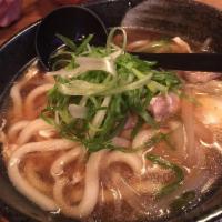 Chicken Udon · Traditional udon broth with chopped chicken, onion, scallion, mushroom and egg.