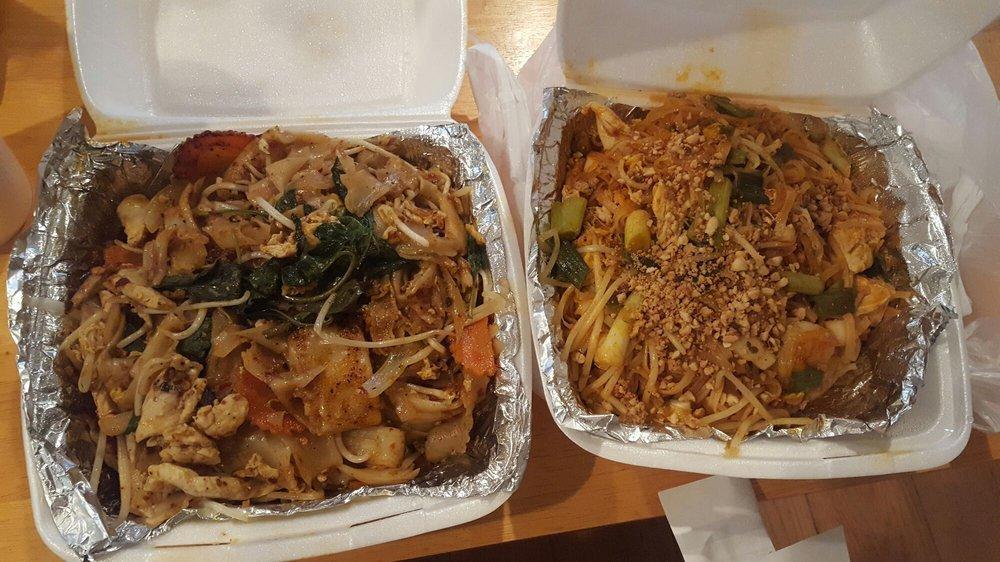Drunken Noodles · Pad kee-mao.  Your choice of meat stir-fried with wide flat noodles, egg, onions, basil, bamboo, bell peppers, and bean sprouts in fresh garlic sauce.