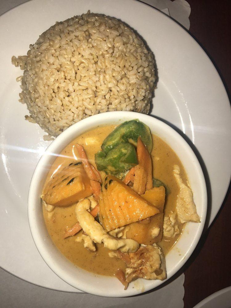 Panang Curry · Pumpkin, bell peppers, and carrots in sweet and creamy peanut red curry sauce and coconut milk.