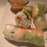 2 Thai Spring Rolls · Rice wrap with shrimp, pork, veggies and rice noodles, served with Thai peanut sauce. 