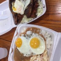 Protein BBQ Plate · BBQ chicken, BBQ short ribs, BBQ beef, and 2 eggs.