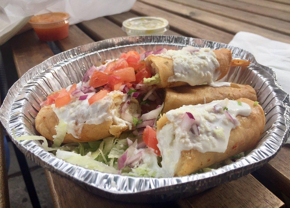 Flautas · 3 Crispy rolled corn tortillas stuffed with your choice of chicken or  cut in half. This comes over a bed of  lettuce and topped with sour cream, cotija cheese and pico de gallo.