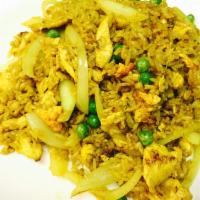 Curry Fried Rice · Rice stir-fried with egg, curry powder, green peas and white onion and served with your choi...