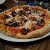Rustica Pizza · Tomato sauce, fresh mozzarella, onions, mushroom, sausage, Kalamata olives, pepperoncino. Sp...
