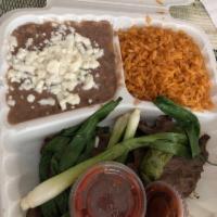 Carne Asada · Ranchera. Served with soup or salad, tortillas, rice and beans or sauteed vegetables.