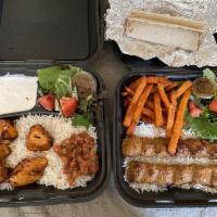 Chicken Breast Plate · All-natural chicken breast kebab (white meat), house mix, rice, salad, lavash, and 1 side. G...
