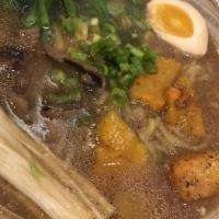 Vegetarian Ramen · Miso paste vegetable stock, soy milk ​oyster mushroom, shiitake, yuchoy, butternut squash an...